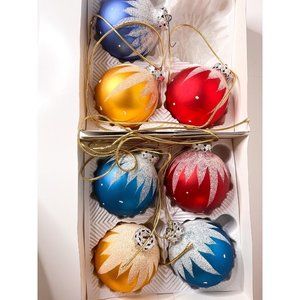 West Germany Glitter Round Ball Ornaments Set 7 Glass